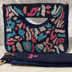 Beaded Navy Multi-Color Cutout Handle Shoulder Bag